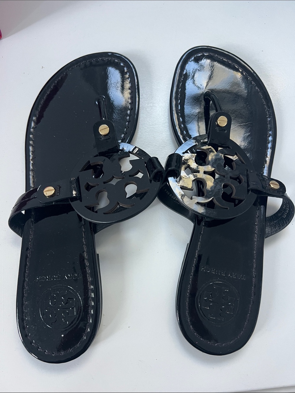 Tory Burch Black Patent Leather Logo Toe-Post Sandals